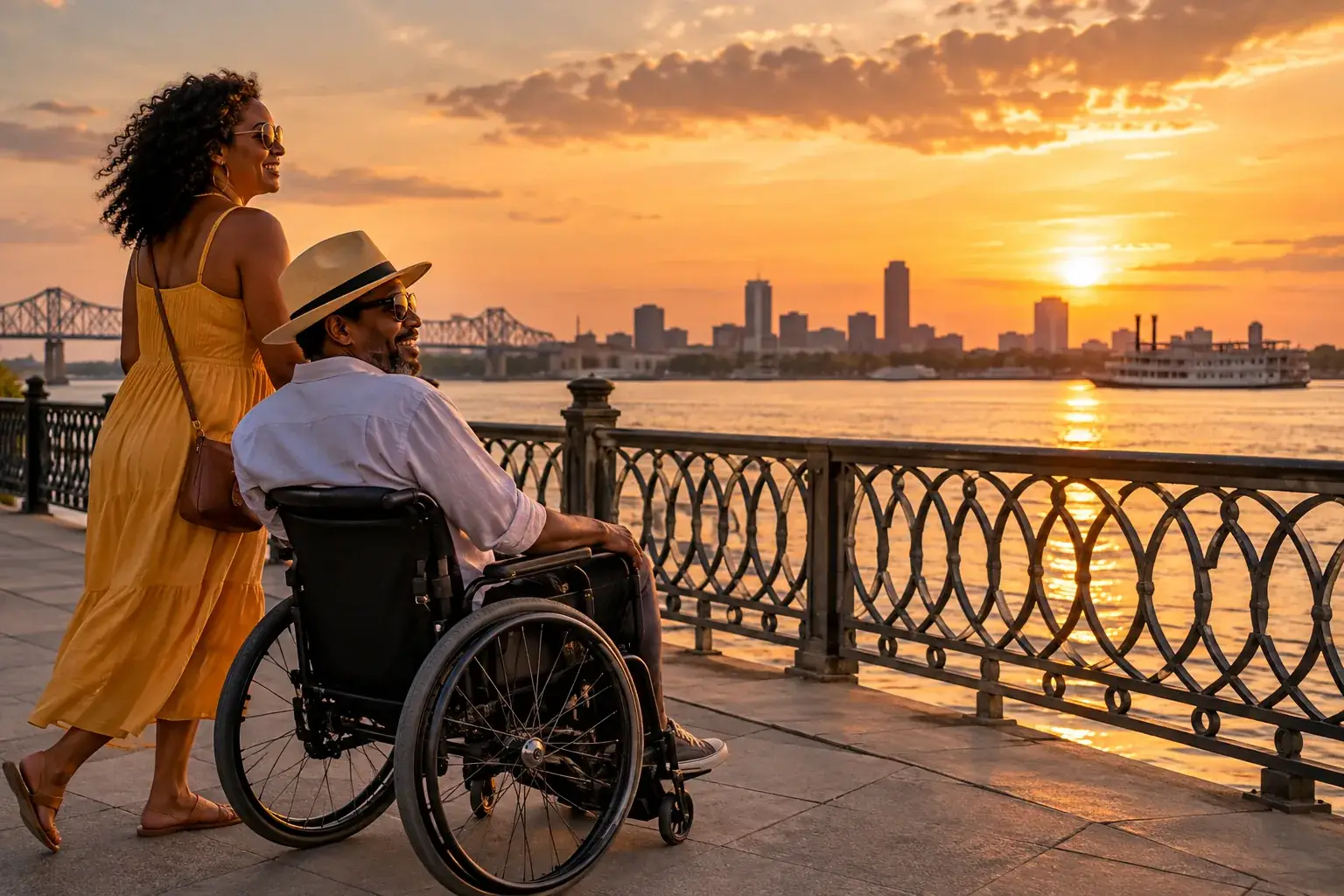 Wheelchair traveler and companion enjoying a level riverfront promenade