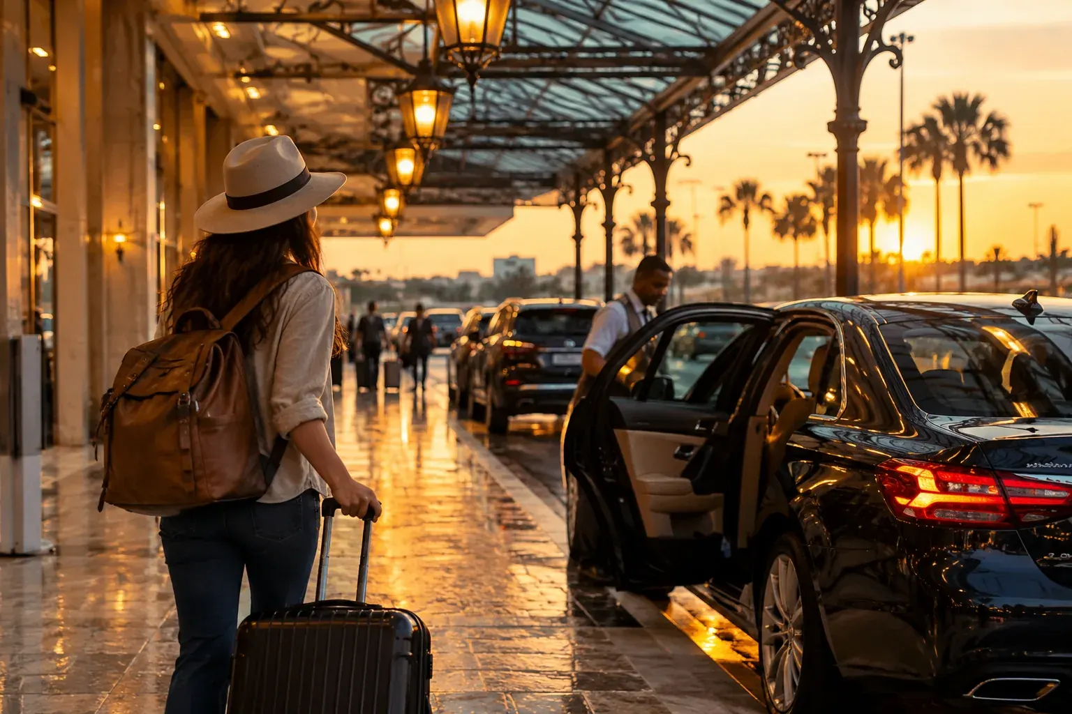 Traveler with a rolling suitcase beside an airport pickup car