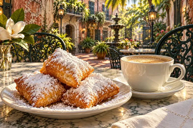 Powdered-sugar beignets beside café au lait