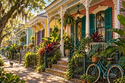 Colorful New Orleans cottages along a neighborhood street