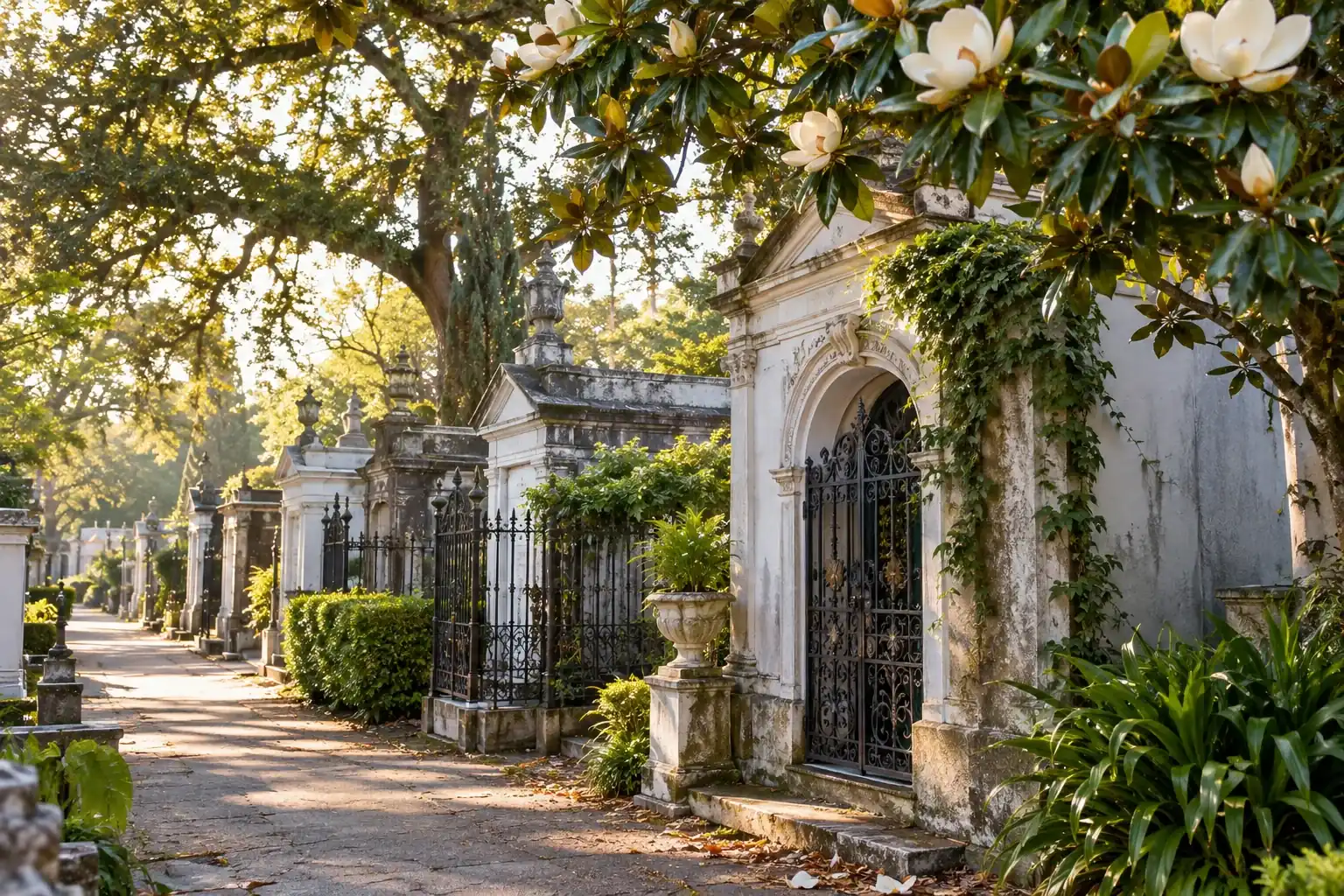 Above-ground stone tombs and iron gates in soft morning light