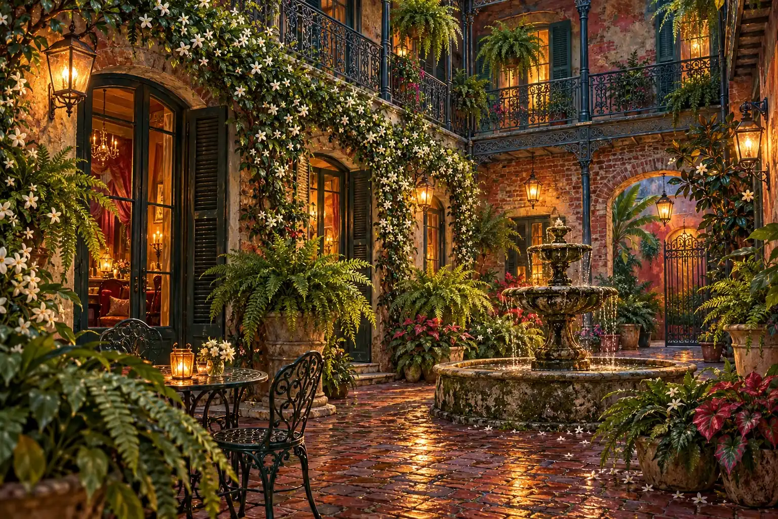Lantern-lit Creole courtyard with iron galleries and a fountain