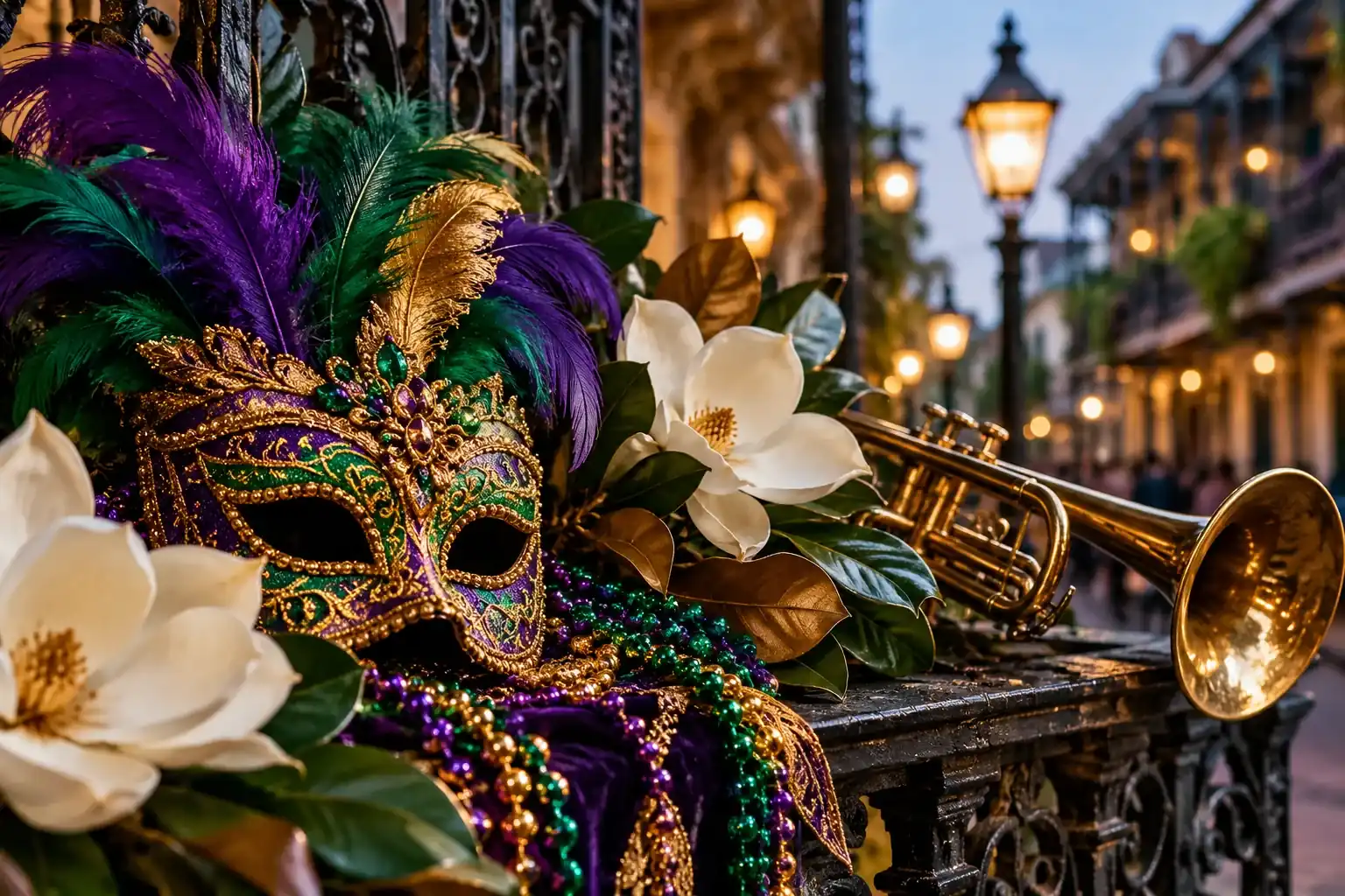 Purple, green and gold Carnival mask with a brass trumpet