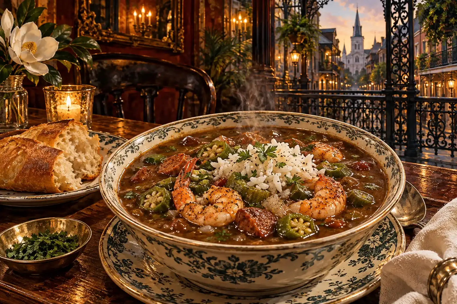 Dark-roux shrimp gumbo with rice and French bread