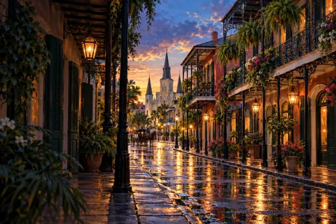 French Quarter balconies and warm street lights at dusk