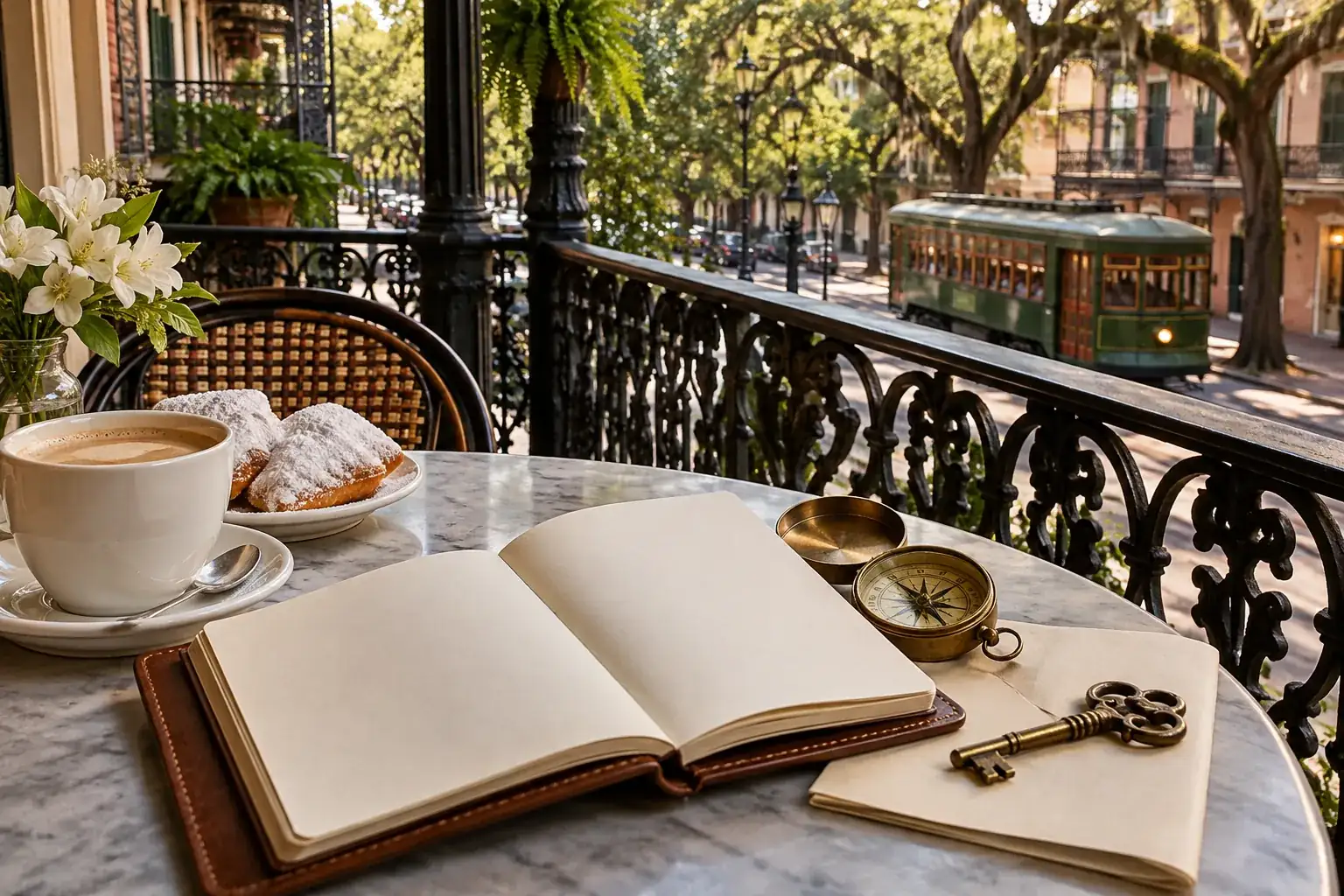 Open travel journal and coffee beside a streetcar view