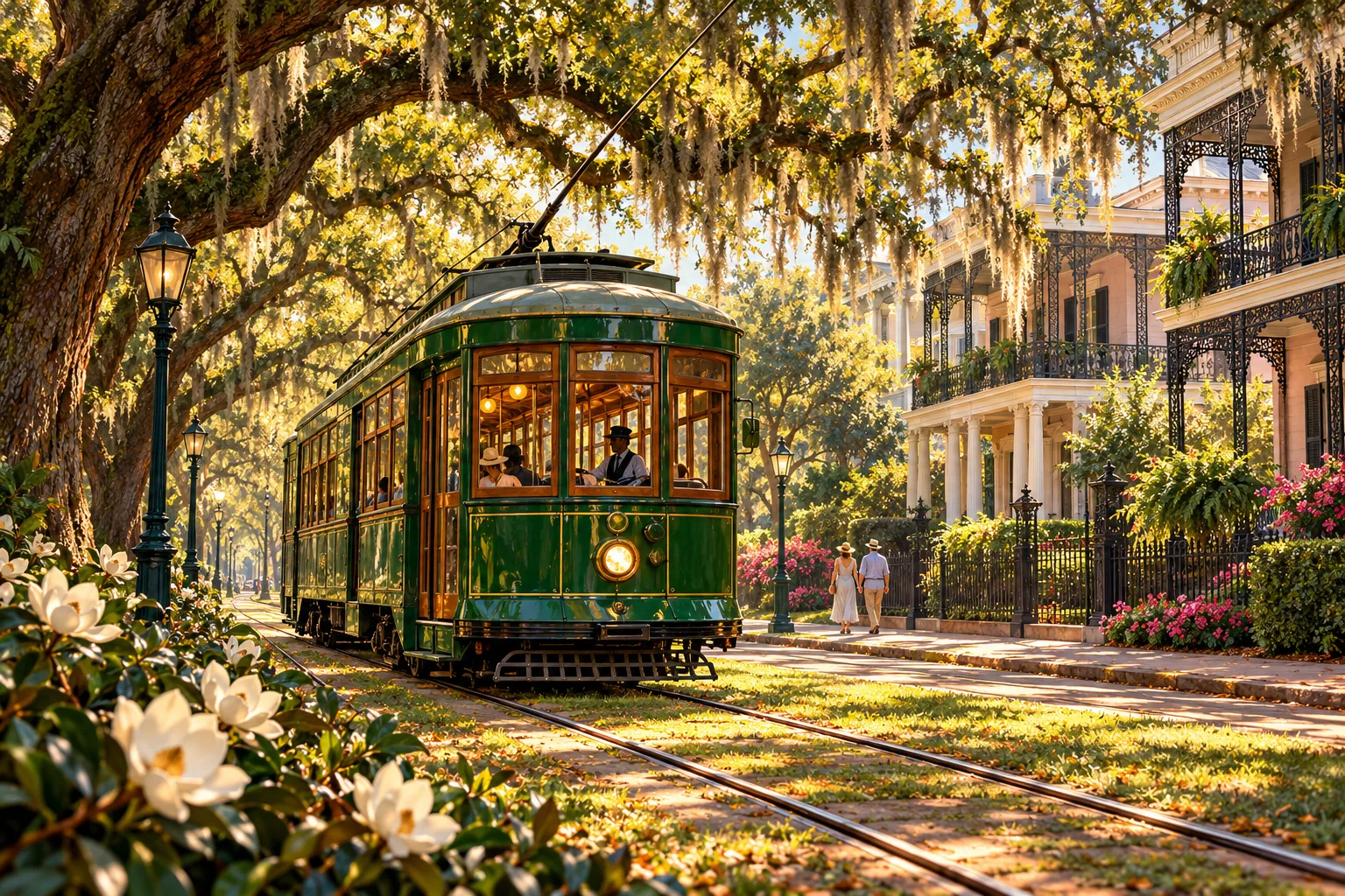 New Orleans streetcar passing historic homes
