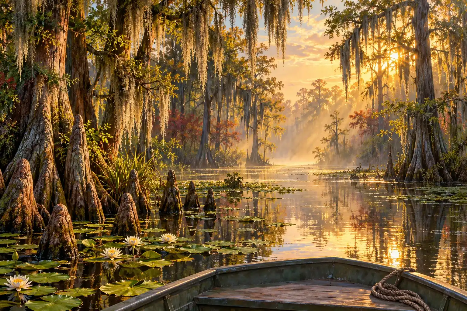 Cypress trees and Spanish moss reflected in a sunlit Louisiana bayou