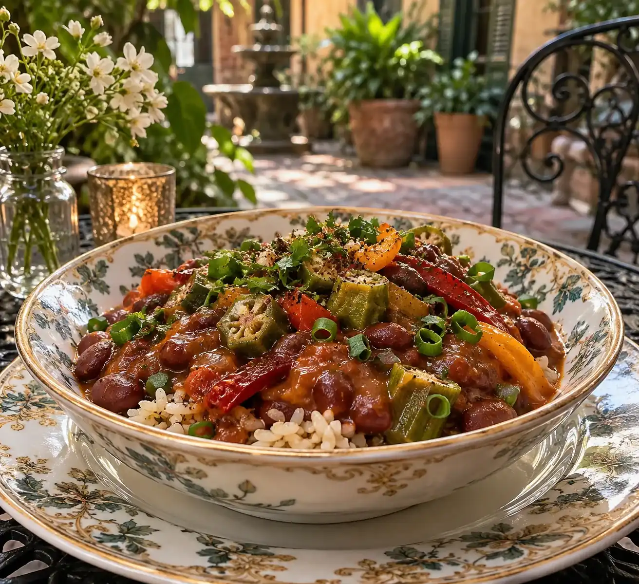 Red beans, rice, okra and roasted peppers in a courtyard setting