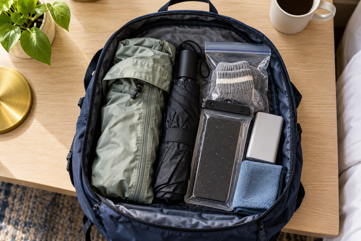 A packed daypack with a rain jacket, compact umbrella, protective phone pouch, charger, and quick-dry towel