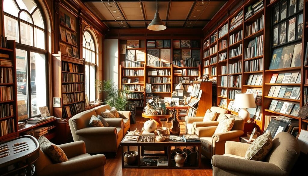 A cozy, well-lit bookstore in the heart of New Orleans' French Quarter. Wooden shelves brimming with volumes on local history, Cajun culture, and vintage jazz albums. Sunlight filters through large storefront windows, casting a warm glow on the hardwood floors. Clusters of overstuffed armchairs invite patrons to browse and explore. In the center, a display of handcrafted artisanal items - ceramics, jewelry, and intricate leatherwork. The atmosphere is relaxed, inviting curious shoppers to linger, discover, and immerse themselves in the vibrant spirit of the neighborhood. A cozy, well-lit bookstore in the heart of New Orleans' French Quarter. Wooden shelves brimming with volumes on local history, Cajun culture, and vintage jazz albums. Sunlight filters through large storefront windows, casting a warm glow on the hardwood floors. Clusters of overstuffed armchairs invite patrons to browse and explore. In the center, a display of handcrafted artisanal items - ceramics, jewelry, and intricate leatherwork. The atmosphere is relaxed, inviting curious shoppers to linger, discover, and immerse themselves in the vibrant spirit of the neighborhood.