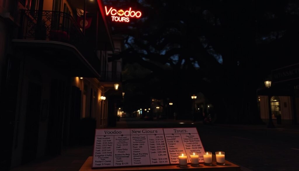 A dimly lit street in the heart of New Orleans, with a wrought-iron balcony and a neon sign advertising "Voodoo Tours". In the foreground, a table displays a neatly organized grid of information: times, distances, prices, and group sizes for the various tour options. The table is illuminated by the warm glow of candles, casting a mystical aura over the scene. The background is filled with the silhouettes of towering oak trees, their branches casting intricate shadows across the cobblestone pavement. The overall atmosphere is one of mystery and intrigue, inviting the viewer to explore the rich cultural heritage of New Orleans' Voodoo tradition. A dimly lit street in the heart of New Orleans, with a wrought-iron balcony and a neon sign advertising "Voodoo Tours". In the foreground, a table displays a neatly organized grid of information: times, distances, prices, and group sizes for the various tour options. The table is illuminated by the warm glow of candles, casting a mystical aura over the scene. The background is filled with the silhouettes of towering oak trees, their branches casting intricate shadows across the cobblestone pavement. The overall atmosphere is one of mystery and intrigue, inviting the viewer to explore the rich cultural heritage of New Orleans' Voodoo tradition.