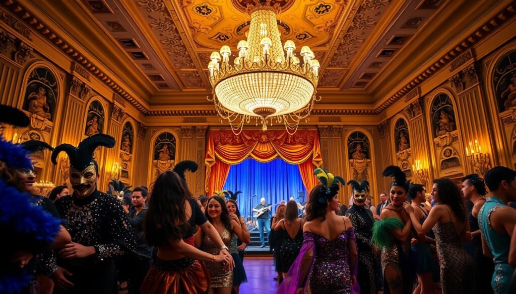 A grand ballroom filled with ornate masks, elaborate costumes, and a lively energy. The foreground showcases a group of partygoers, their outfits adorned with sequins, feathers, and vibrant colors, moving in sync to the rhythm of the music. In the middle ground, a magnificent chandelier casts a warm, golden glow, illuminating the intricate architectural details of the room. The background reveals a stage where a live band performs, their music echoing through the space and creating a festive atmosphere. The scene is captured with a cinematic, wide-angle lens, emphasizing the grandeur and scale of the Mardi Gras ball. A grand ballroom filled with ornate masks, elaborate costumes, and a lively energy. The foreground showcases a group of partygoers, their outfits adorned with sequins, feathers, and vibrant colors, moving in sync to the rhythm of the music. In the middle ground, a magnificent chandelier casts a warm, golden glow, illuminating the intricate architectural details of the room. The background reveals a stage where a live band performs, their music echoing through the space and creating a festive atmosphere. The scene is captured with a cinematic, wide-angle lens, emphasizing the grandeur and scale of the Mardi Gras ball.