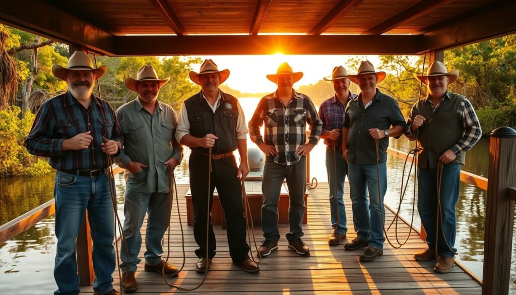 A group of seasoned swamp tour captains standing on the wooden dock, their weathered faces illuminated by the warm, golden glow of the setting sun. They're wearing sturdy, practical clothing - denim, flannel, and wide-brimmed hats - and hold the ropes of their flat-bottomed boats, ready to guide visitors through the meandering waterways and lush, verdant cypress swamps. The scene conveys a sense of expertise, local knowledge, and a deep connection to the unique Louisiana landscape. A group of seasoned swamp tour captains standing on the wooden dock, their weathered faces illuminated by the warm, golden glow of the setting sun. They're wearing sturdy, practical clothing - denim, flannel, and wide-brimmed hats - and hold the ropes of their flat-bottomed boats, ready to guide visitors through the meandering waterways and lush, verdant cypress swamps. The scene conveys a sense of expertise, local knowledge, and a deep connection to the unique Louisiana landscape.