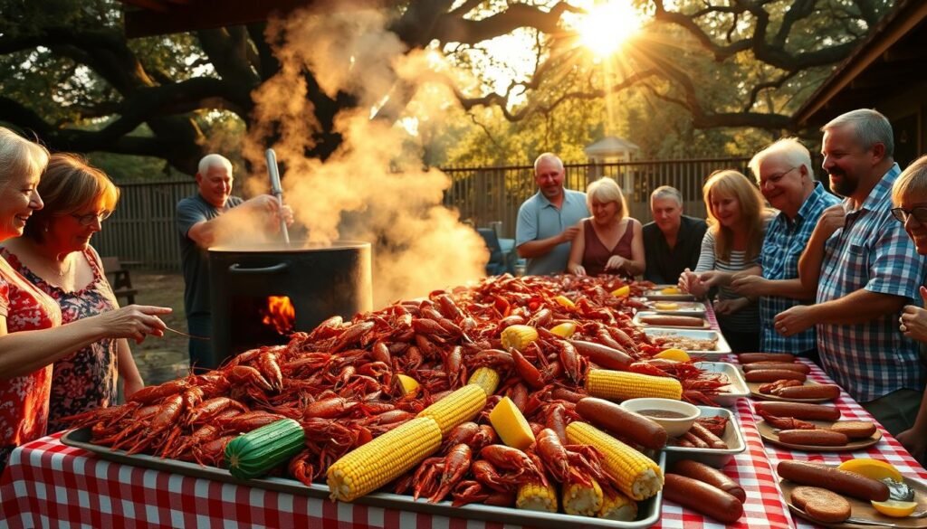 A lively crawfish boil in a rustic Louisiana backyard, with a large pot simmering over a wood fire. Steam billows up, illuminated by warm sunlight filtering through live oak trees. In the foreground, a table is set with red-checkered tablecloths, overflowing with freshly boiled crawfish, corn on the cob, and sausage. Guests gather around, their faces flushed with joy as they dig in with their hands, the air filled with the aroma of cayenne, garlic, and lemon. The scene captures the essence of classic Cajun cooking - a convivial, hands-on celebration of local ingredients and time-honored traditions. A lively crawfish boil in a rustic Louisiana backyard, with a large pot simmering over a wood fire. Steam billows up, illuminated by warm sunlight filtering through live oak trees. In the foreground, a table is set with red-checkered tablecloths, overflowing with freshly boiled crawfish, corn on the cob, and sausage. Guests gather around, their faces flushed with joy as they dig in with their hands, the air filled with the aroma of cayenne, garlic, and lemon. The scene captures the essence of classic Cajun cooking - a convivial, hands-on celebration of local ingredients and time-honored traditions.