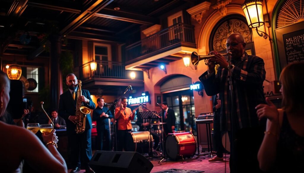 A lively jazz band performs on a dimly lit stage in the heart of New Orleans' French Quarter. The saxophonist and trumpeter improvise soulful melodies, their bodies swaying with the rhythm. Patrons sip cocktails and tap their feet, enthralled by the infectious energy of the music. Atmospheric lighting casts warm hues across the scene, creating a sense of timeless charm. In the background, the ornate architecture of historic buildings frames the intimate performance, transporting viewers to the vibrant heart of New Orleans' jazz culture. A lively jazz band performs on a dimly lit stage in the heart of New Orleans' French Quarter. The saxophonist and trumpeter improvise soulful melodies, their bodies swaying with the rhythm. Patrons sip cocktails and tap their feet, enthralled by the infectious energy of the music. Atmospheric lighting casts warm hues across the scene, creating a sense of timeless charm. In the background, the ornate architecture of historic buildings frames the intimate performance, transporting viewers to the vibrant heart of New Orleans' jazz culture.
