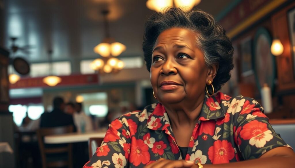 A middle-aged African American woman with warm, expressive features, Leah Chase, sits at a table in the iconic Dooky Chase's restaurant in New Orleans. Dressed in a vibrant floral blouse, she gazes intently, her eyes conveying a lifetime of culinary wisdom and cultural pride. The restaurant's interior is bathed in a soft, golden light, creating an inviting and nostalgic atmosphere. In the background, the faint outlines of patrons and the restaurant's signature decor hint at the bustling energy and rich history of this legendary institution, a cornerstone of Creole cuisine and New Orleans' cultural fabric. A middle-aged African American woman with warm, expressive features, Leah Chase, sits at a table in the iconic Dooky Chase's restaurant in New Orleans. Dressed in a vibrant floral blouse, she gazes intently, her eyes conveying a lifetime of culinary wisdom and cultural pride. The restaurant's interior is bathed in a soft, golden light, creating an inviting and nostalgic atmosphere. In the background, the faint outlines of patrons and the restaurant's signature decor hint at the bustling energy and rich history of this legendary institution, a cornerstone of Creole cuisine and New Orleans' cultural fabric.