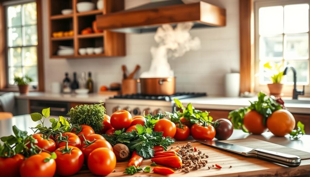 A modern Creole kitchen counter, bathed in warm, natural light from large windows. In the foreground, an assortment of fresh ingredients - vibrant tomatoes, fragrant herbs, pungent spices, and a cutting board with a sharp knife, ready for preparation. In the middle ground, a steaming pot simmers on the stovetop, releasing the enticing aromas of a traditional Creole recipe. The background showcases a tidy, well-equipped kitchen, hinting at the fusion of old and new in Creole cooking. The overall atmosphere is one of culinary creativity and the comforting embrace of time-honored traditions. A modern Creole kitchen counter, bathed in warm, natural light from large windows. In the foreground, an assortment of fresh ingredients - vibrant tomatoes, fragrant herbs, pungent spices, and a cutting board with a sharp knife, ready for preparation. In the middle ground, a steaming pot simmers on the stovetop, releasing the enticing aromas of a traditional Creole recipe. The background showcases a tidy, well-equipped kitchen, hinting at the fusion of old and new in Creole cooking. The overall atmosphere is one of culinary creativity and the comforting embrace of time-honored traditions.