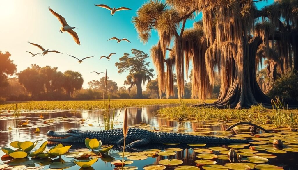A serene wetland scene, bathed in golden afternoon light. In the foreground, a majestic alligator glides silently through the still waters, its scaly hide reflecting the surrounding cypress trees. Egrets and herons soar gracefully overhead, their wings outstretched against a vibrant azure sky. In the middle ground, a lush carpet of lily pads and cattails sway gently in the soft breeze. Towering cypress trees, draped in wispy Spanish moss, form the backdrop, their reflection mirrored in the tranquil waterway. The overall atmosphere is one of tranquility and natural wonder, inviting the viewer to immerse themselves in this enchanting wildlife haven. A serene wetland scene, bathed in golden afternoon light. In the foreground, a majestic alligator glides silently through the still waters, its scaly hide reflecting the surrounding cypress trees. Egrets and herons soar gracefully overhead, their wings outstretched against a vibrant azure sky. In the middle ground, a lush carpet of lily pads and cattails sway gently in the soft breeze. Towering cypress trees, draped in wispy Spanish moss, form the backdrop, their reflection mirrored in the tranquil waterway. The overall atmosphere is one of tranquility and natural wonder, inviting the viewer to immerse themselves in this enchanting wildlife haven.
