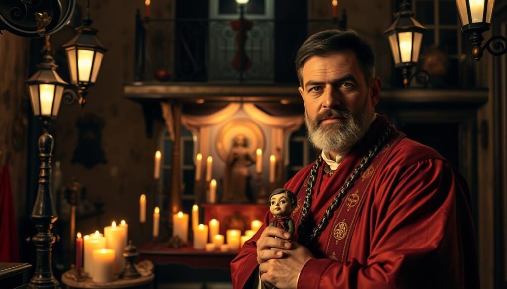 A skilled New Orleans voodoo guide stands in the foreground, dressed in traditional ceremonial robes and holding a voodoo doll. In the middle ground, a dimly lit voodoo temple is visible, adorned with candles, symbols, and mystical artifacts. The background depicts the iconic French Quarter architecture, with wrought-iron balconies and gas lamps casting a warm, atmospheric glow. The scene is bathed in a moody, low-key lighting, creating an immersive and authentic voodoo experience. The guide's expression is one of deep knowledge and understanding, ready to share the rich history and traditions of New Orleans voodoo with visitors. A skilled New Orleans voodoo guide stands in the foreground, dressed in traditional ceremonial robes and holding a voodoo doll. In the middle ground, a dimly lit voodoo temple is visible, adorned with candles, symbols, and mystical artifacts. The background depicts the iconic French Quarter architecture, with wrought-iron balconies and gas lamps casting a warm, atmospheric glow. The scene is bathed in a moody, low-key lighting, creating an immersive and authentic voodoo experience. The guide's expression is one of deep knowledge and understanding, ready to share the rich history and traditions of New Orleans voodoo with visitors.