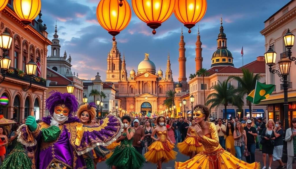 A vibrant Mardi Gras celebration unfolding around the world. In the foreground, costumed revelers dance and twirl, their elaborate masks and costumes shimmering under the warm glow of flickering lanterns. The middle ground reveals a bustling street scene, with colorful parades, lively music, and crowds of people enjoying the festivities. In the background, iconic landmarks from diverse cultures - from the grand architecture of Europe to the tropical landscapes of South America - serve as a captivating backdrop, showcasing the global nature of this joyous celebration. The scene is bathed in a festive, dreamlike atmosphere, capturing the universal spirit of Mardi Gras. A vibrant Mardi Gras celebration unfolding around the world. In the foreground, costumed revelers dance and twirl, their elaborate masks and costumes shimmering under the warm glow of flickering lanterns. The middle ground reveals a bustling street scene, with colorful parades, lively music, and crowds of people enjoying the festivities. In the background, iconic landmarks from diverse cultures - from the grand architecture of Europe to the tropical landscapes of South America - serve as a captivating backdrop, showcasing the global nature of this joyous celebration. The scene is bathed in a festive, dreamlike atmosphere, capturing the universal spirit of Mardi Gras.