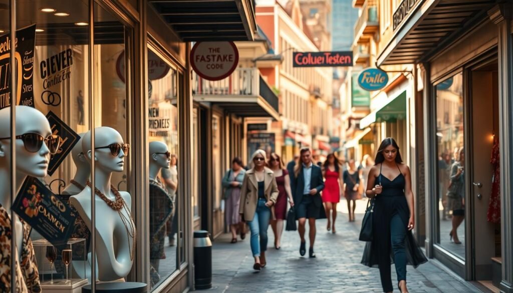 A vibrant street scene in New Orleans' French Quarter, showcasing the diverse fashion and accessories found in its charming boutiques. In the foreground, stylish mannequins display the latest designer eyewear and jewelry pieces, their reflections captured in the large display windows. Passersby, dressed in a variety of fashionable attire, stroll along the historic cobblestone streets, absorbing the lively atmosphere. In the middle ground, eclectic storefront signage and colorful awnings hint at the array of unique fashion finds waiting inside. The background is dominated by the iconic French-influenced architecture, casting warm, golden light over the scene. An overall sense of sophistication, creativity, and joie de vivre permeates the image, capturing the essence of New Orleans' fashion-forward spirit. A vibrant street scene in New Orleans' French Quarter, showcasing the diverse fashion and accessories found in its charming boutiques. In the foreground, stylish mannequins display the latest designer eyewear and jewelry pieces, their reflections captured in the large display windows. Passersby, dressed in a variety of fashionable attire, stroll along the historic cobblestone streets, absorbing the lively atmosphere. In the middle ground, eclectic storefront signage and colorful awnings hint at the array of unique fashion finds waiting inside. The background is dominated by the iconic French-influenced architecture, casting warm, golden light over the scene. An overall sense of sophistication, creativity, and joie de vivre permeates the image, capturing the essence of New Orleans' fashion-forward spirit.