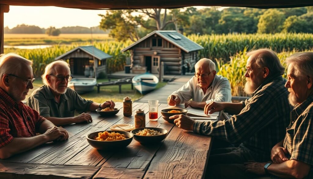 A warm and rustic scene of Acadian history in the heart of Cajun Country. In the foreground, a group of Cajun elders gathered around a wooden table, sharing stories and recipes passed down through generations. The lighting is soft and golden, casting a nostalgic glow over the weathered faces and well-worn hands. In the middle ground, a scene of traditional Cajun life - a small bayou-side cabin, a fishing boat tied to the dock, and a field of swaying sugarcane. The background features a lush, verdant landscape, hinting at the abundant natural resources that have sustained the Cajun people for centuries. The overall atmosphere evokes a sense of cultural heritage, resilience, and the flavors that have defined Cajun cuisine. A warm and rustic scene of Acadian history in the heart of Cajun Country. In the foreground, a group of Cajun elders gathered around a wooden table, sharing stories and recipes passed down through generations. The lighting is soft and golden, casting a nostalgic glow over the weathered faces and well-worn hands. In the middle ground, a scene of traditional Cajun life - a small bayou-side cabin, a fishing boat tied to the dock, and a field of swaying sugarcane. The background features a lush, verdant landscape, hinting at the abundant natural resources that have sustained the Cajun people for centuries. The overall atmosphere evokes a sense of cultural heritage, resilience, and the flavors that have defined Cajun cuisine.