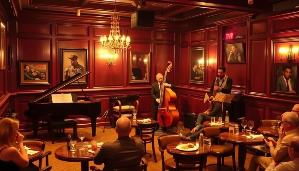 An elegant and lively jazz club in the heart of New Orleans, with a warm, amber-tinted lighting casting a cozy glow over the intimate, wooden-paneled interior. The stage is set with a grand piano, saxophones, and a double bass, as a trio of skilled musicians perform a lively, soulful jazz number. Patrons sit at small, round tables, sipping craft cocktails and savoring Cajun-inspired cuisine, fully immersed in the vibrant atmosphere of this quintessential New Orleans jazz experience. An elegant and lively jazz club in the heart of New Orleans, with a warm, amber-tinted lighting casting a cozy glow over the intimate, wooden-paneled interior. The stage is set with a grand piano, saxophones, and a double bass, as a trio of skilled musicians perform a lively, soulful jazz number. Patrons sit at small, round tables, sipping craft cocktails and savoring Cajun-inspired cuisine, fully immersed in the vibrant atmosphere of this quintessential New Orleans jazz experience.