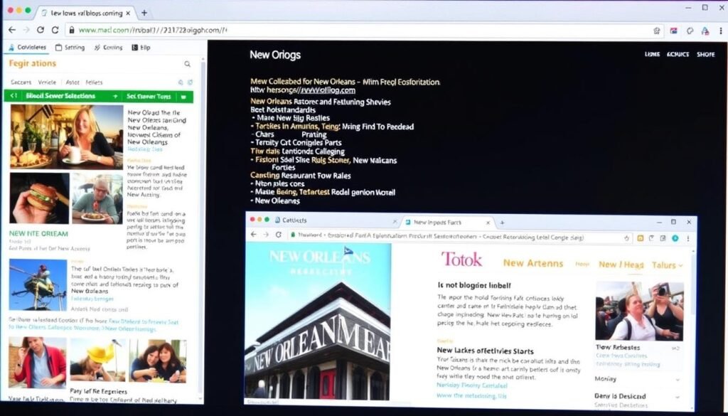 Computer screen showing multiple website links related to New Orleans tourism Computer screen showing multiple website links related to New Orleans tourism