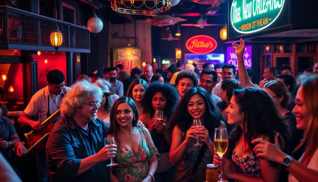 Diverse group of people enjoying New Orleans culture, representing different viewpoints Diverse group of people enjoying New Orleans culture, representing different viewpoints