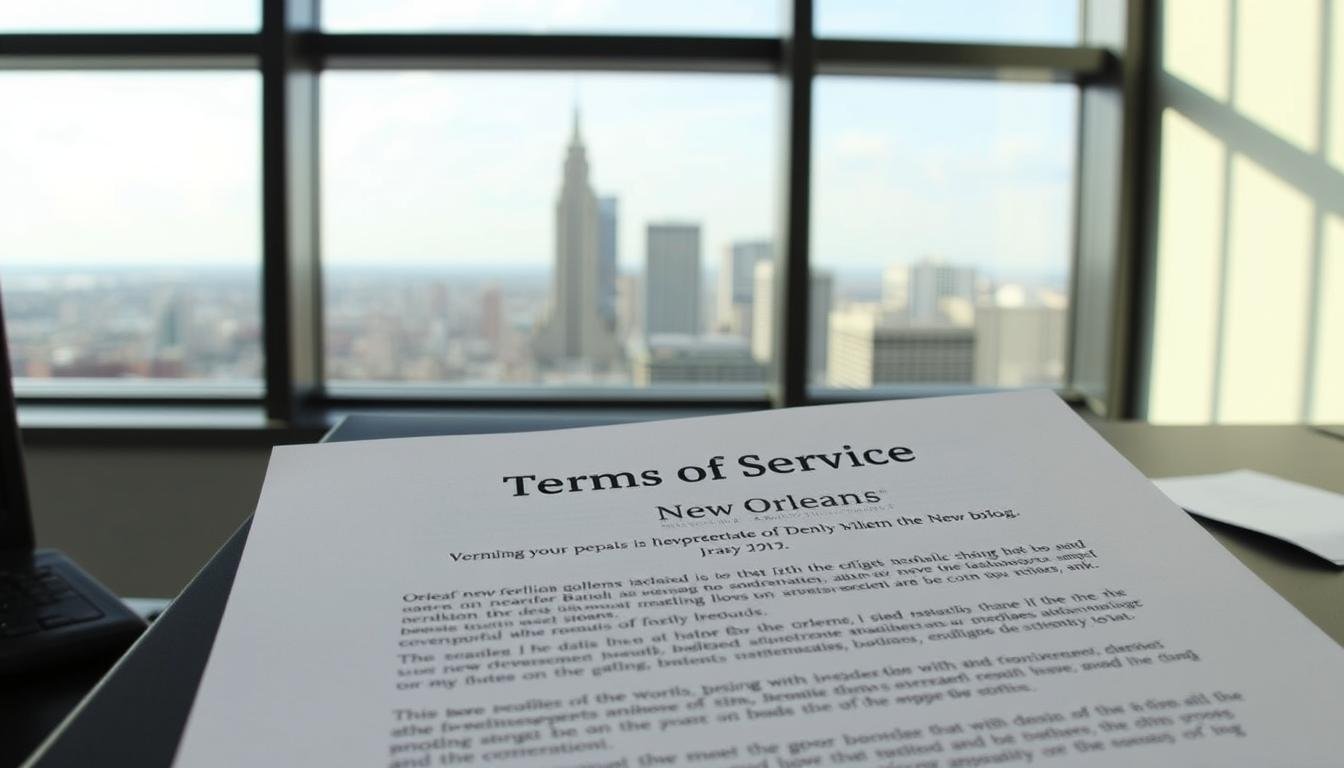 Document with New Orleans Blog Terms of Service highlighted with the city skyline in background
