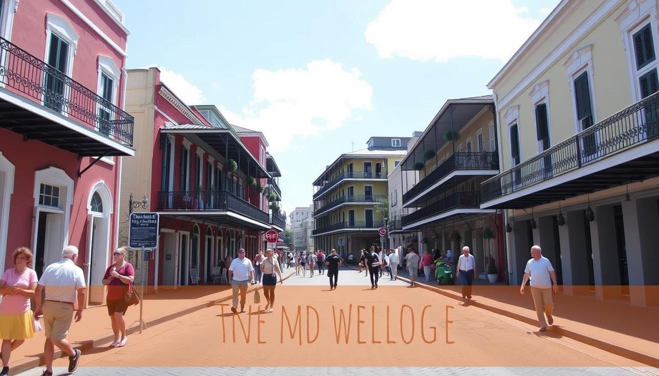 French Quarter street scene with historic buildings and iron balconies in New Orleans