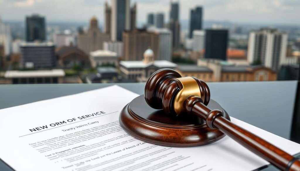 Gavel and legal documents with New Orleans skyline in background Gavel and legal documents with New Orleans skyline in background
