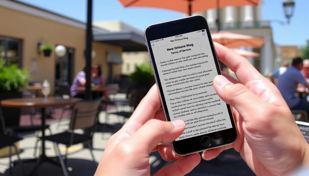 Person reading simplified New Orleans Blog Terms of Service on mobile device Person reading simplified New Orleans Blog Terms of Service on mobile device