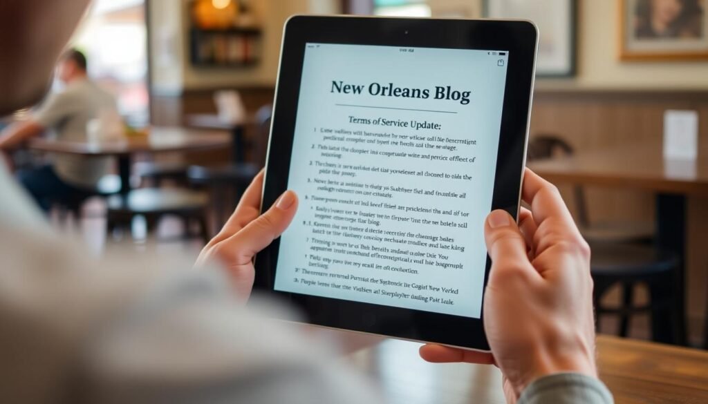 Person reviewing updated terms of service on tablet with New Orleans Blog logo Person reviewing updated terms of service on tablet with New Orleans Blog logo