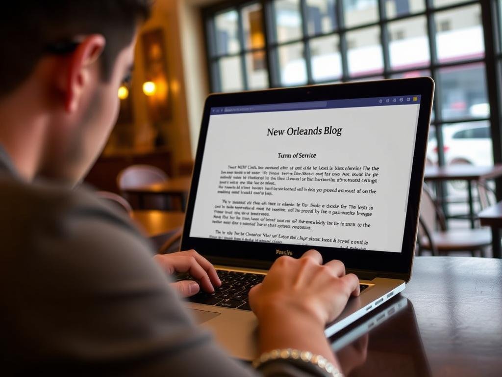 Person using laptop with New Orleans Blog website open showing the terms of service page Person using laptop with New Orleans Blog website open showing the terms of service page