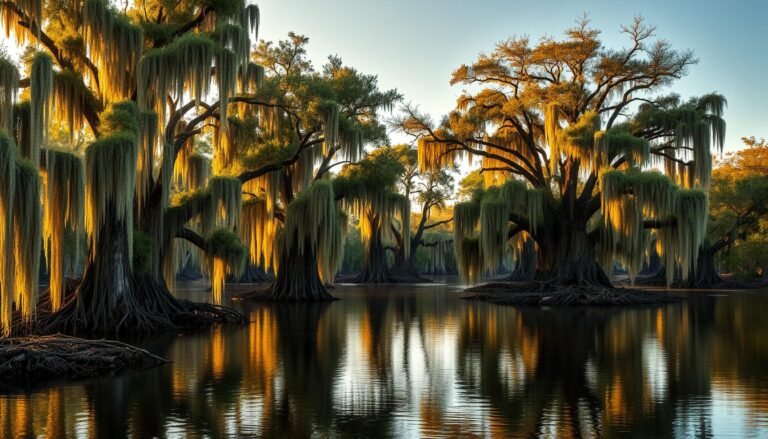 Scenic view of a Louisiana swamp with cypress trees draped in Spanish moss near New Orleans