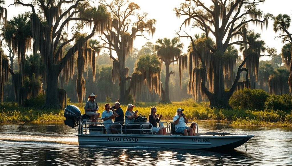 Serene wetland landscape, towering bald cypress trees draped in Spanish moss casting soft shadows. In the foreground, a sleek airboat glides across the tranquil waters of the Louisiana swamp, its powerful engine propelling it gently forward. Passengers dressed in casual attire sit observantly, cameras in hand, admiring the abundant wildlife - alligators, herons, and vibrant flora. Warm, diffused sunlight filters through the canopy, creating a golden glow. Wide-angle lens captures the full scale of this immersive experience. Conveys a sense of adventure, discovery, and appreciation for the natural wonder of the swampland ecosystem. Serene wetland landscape, towering bald cypress trees draped in Spanish moss casting soft shadows. In the foreground, a sleek airboat glides across the tranquil waters of the Louisiana swamp, its powerful engine propelling it gently forward. Passengers dressed in casual attire sit observantly, cameras in hand, admiring the abundant wildlife - alligators, herons, and vibrant flora. Warm, diffused sunlight filters through the canopy, creating a golden glow. Wide-angle lens captures the full scale of this immersive experience. Conveys a sense of adventure, discovery, and appreciation for the natural wonder of the swampland ecosystem.