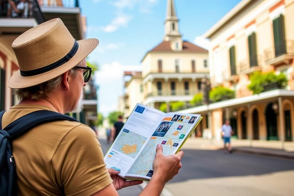 Tourist reading a map while exploring New Orleans Tourist reading a map while exploring New Orleans