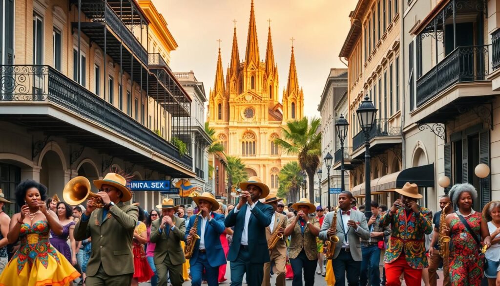 orleans jazz heritage: a vibrant street scene in the heart of new orleans, louisiana. the foreground features a lively parade with musicians playing traditional jazz instruments like trumpets, trombones, and saxophones, all donning colorful costumes and dancing energetically. the middle ground showcases the iconic architecture of the french quarter, with wrought-iron balconies and vintage streetlamps lining the streets. in the background, the historic st. louis cathedral stands tall, its spires reaching towards a warm, golden-hued sky. the scene is bathed in soft, natural lighting, capturing the joyful, celebratory atmosphere of the new orleans jazz and heritage festival. orleans jazz heritage: a vibrant street scene in the heart of new orleans, louisiana. the foreground features a lively parade with musicians playing traditional jazz instruments like trumpets, trombones, and saxophones, all donning colorful costumes and dancing energetically. the middle ground showcases the iconic architecture of the french quarter, with wrought-iron balconies and vintage streetlamps lining the streets. in the background, the historic st. louis cathedral stands tall, its spires reaching towards a warm, golden-hued sky. the scene is bathed in soft, natural lighting, capturing the joyful, celebratory atmosphere of the new orleans jazz and heritage festival.